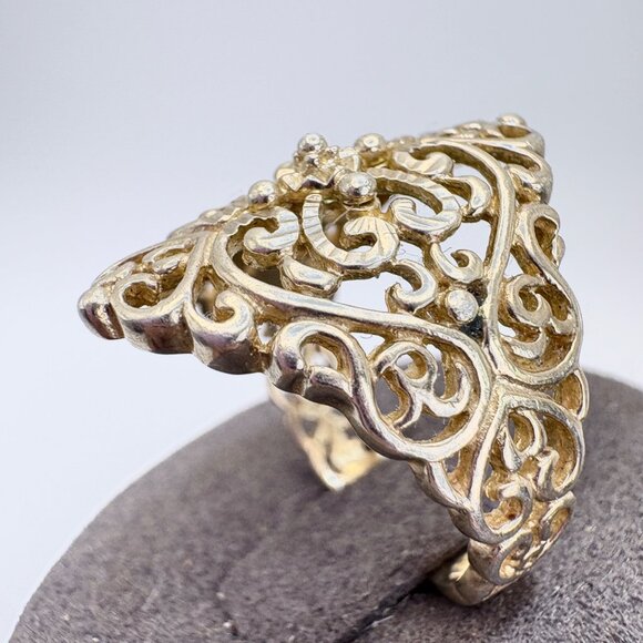 VTG Gold Over Sterling Silver Open Filigree Scroll Design Beaded Ring Size 7 - Picture 3 of 10